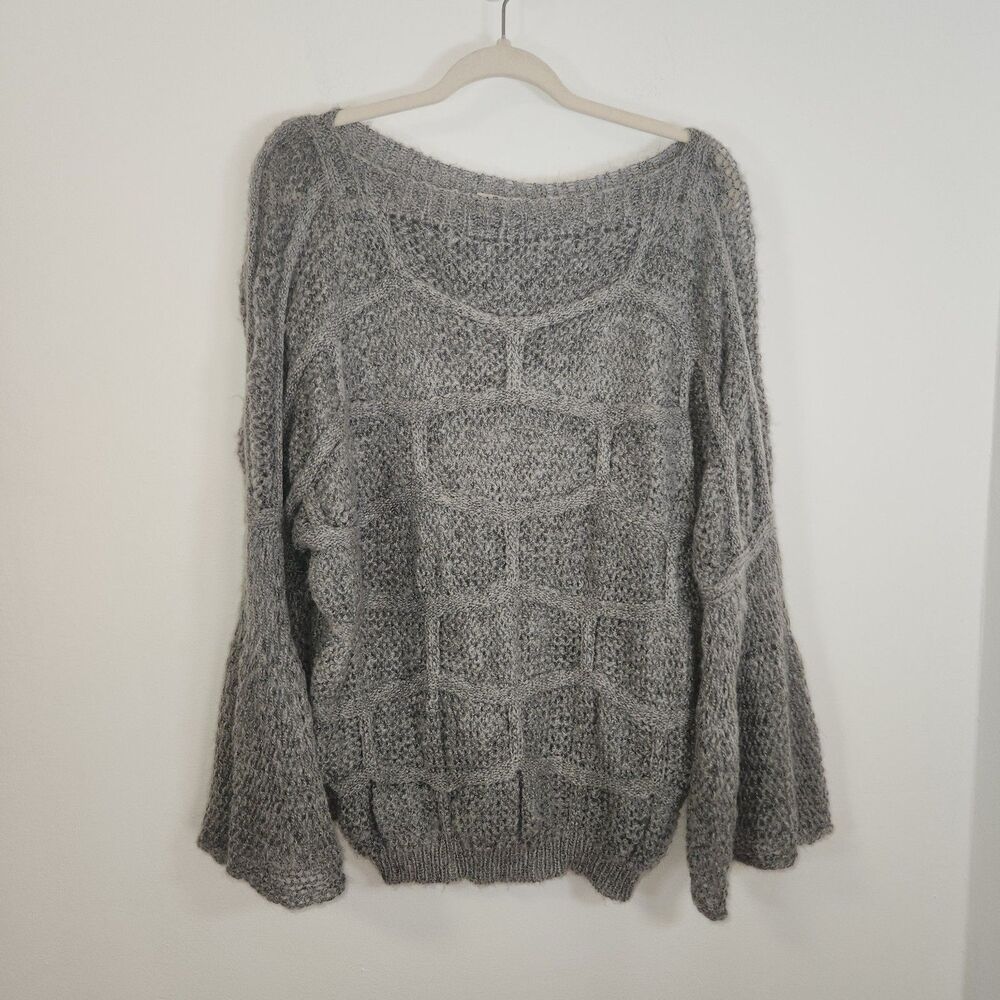 entro Open Knit Bell Sleeve Oversized Boho Gray Sweater SMALL